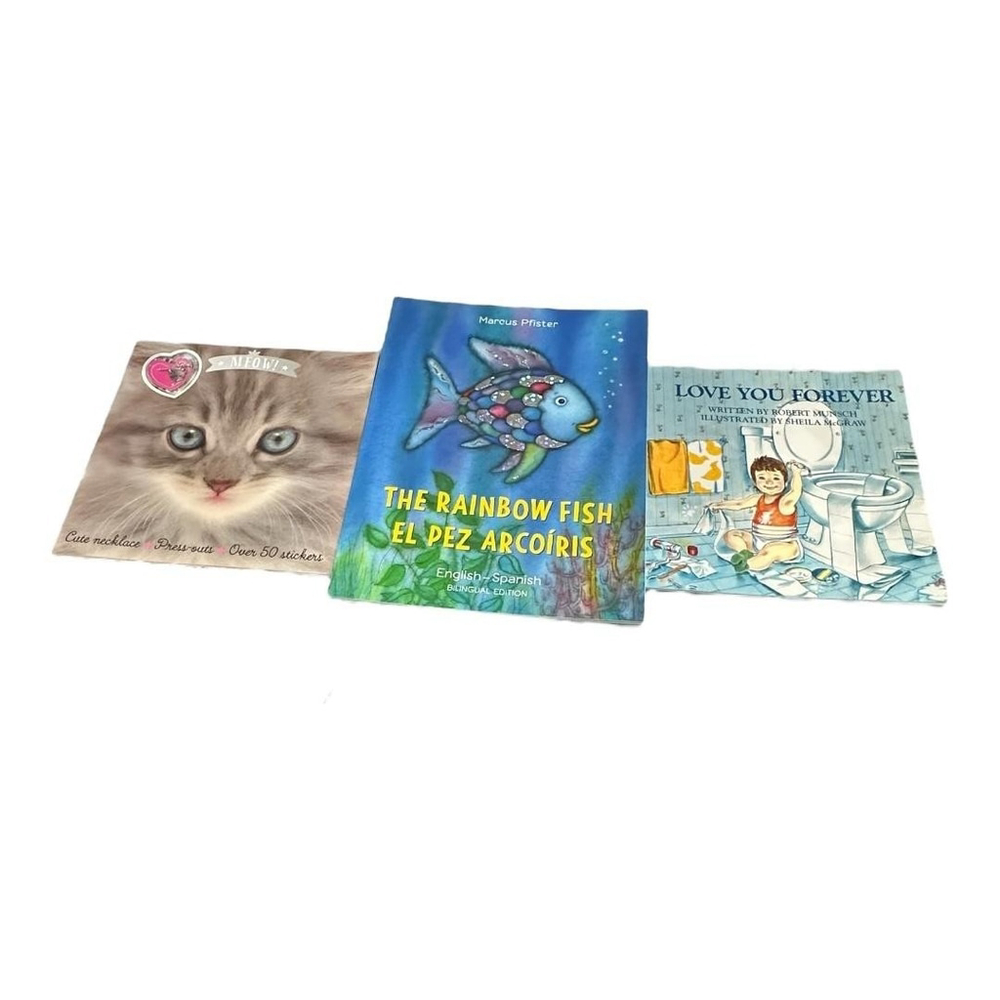 Meow Rainbow Fish Love You Forever Munsch Pfister 3 PB Lot Kids Bilingual Cats